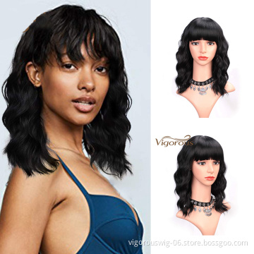 Vigorous Short Wavy Wigs for Black Women African American Synthetic Black Hair Wigs with Bangs Heat Resistant Cosplay Wig
